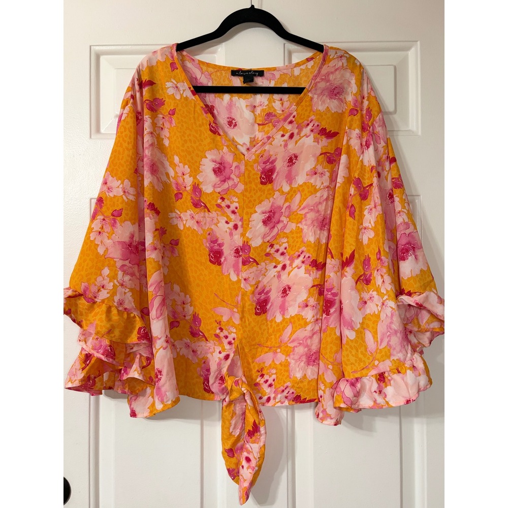 A Love Story | Floral Ruffle Sleeve Tie Front Plus size Blouse |3X |Orange/Pink|